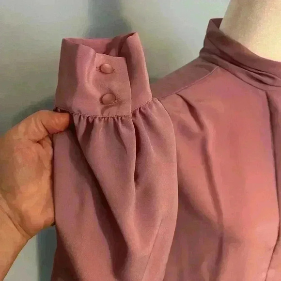 Vintage Pendleton Classic Mauve/Pink Polyester Top Ruched Button Neck Blouse 12 - Picture 5 of 8